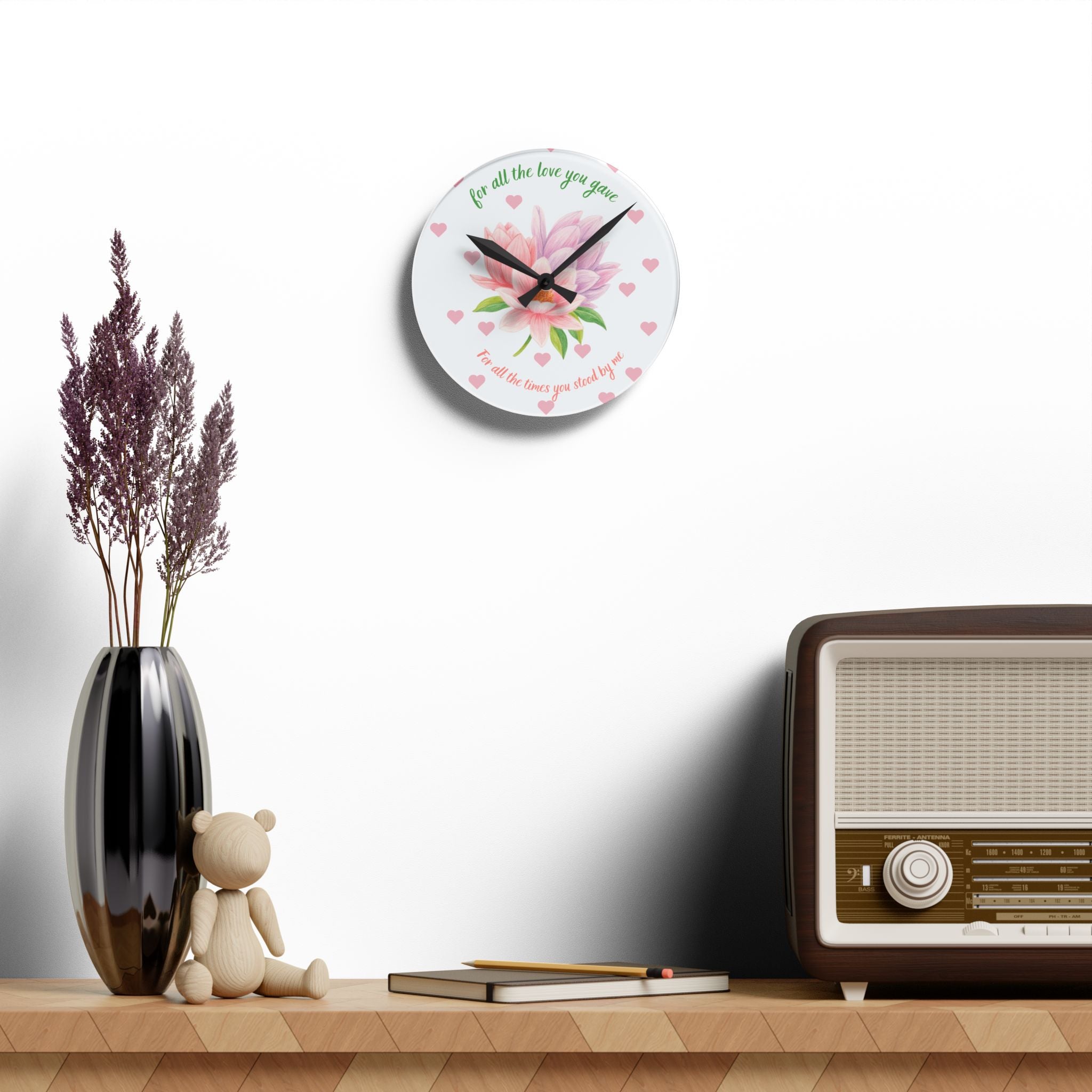 Acrylic Wall Clock — 'For All the Love You Gave' Floral Tribute Clock (Pink Magnolia, Heart Accent)