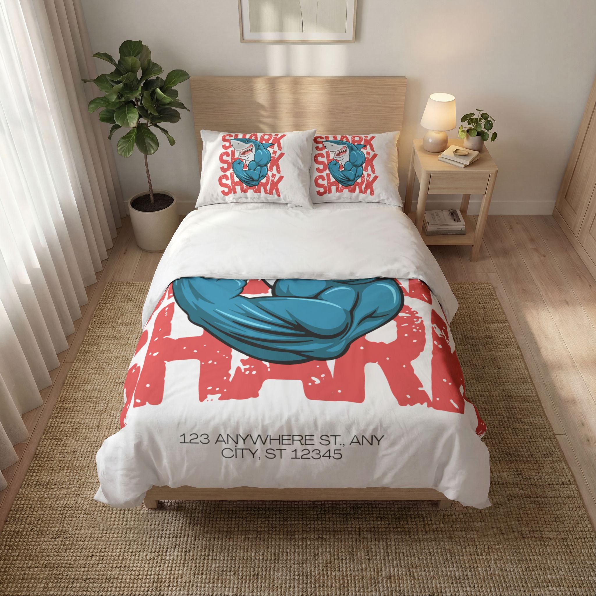 Shark Power Quilt Cover Set – 3-Piece Cartoon Shark Duvet & Pillowcase Set
