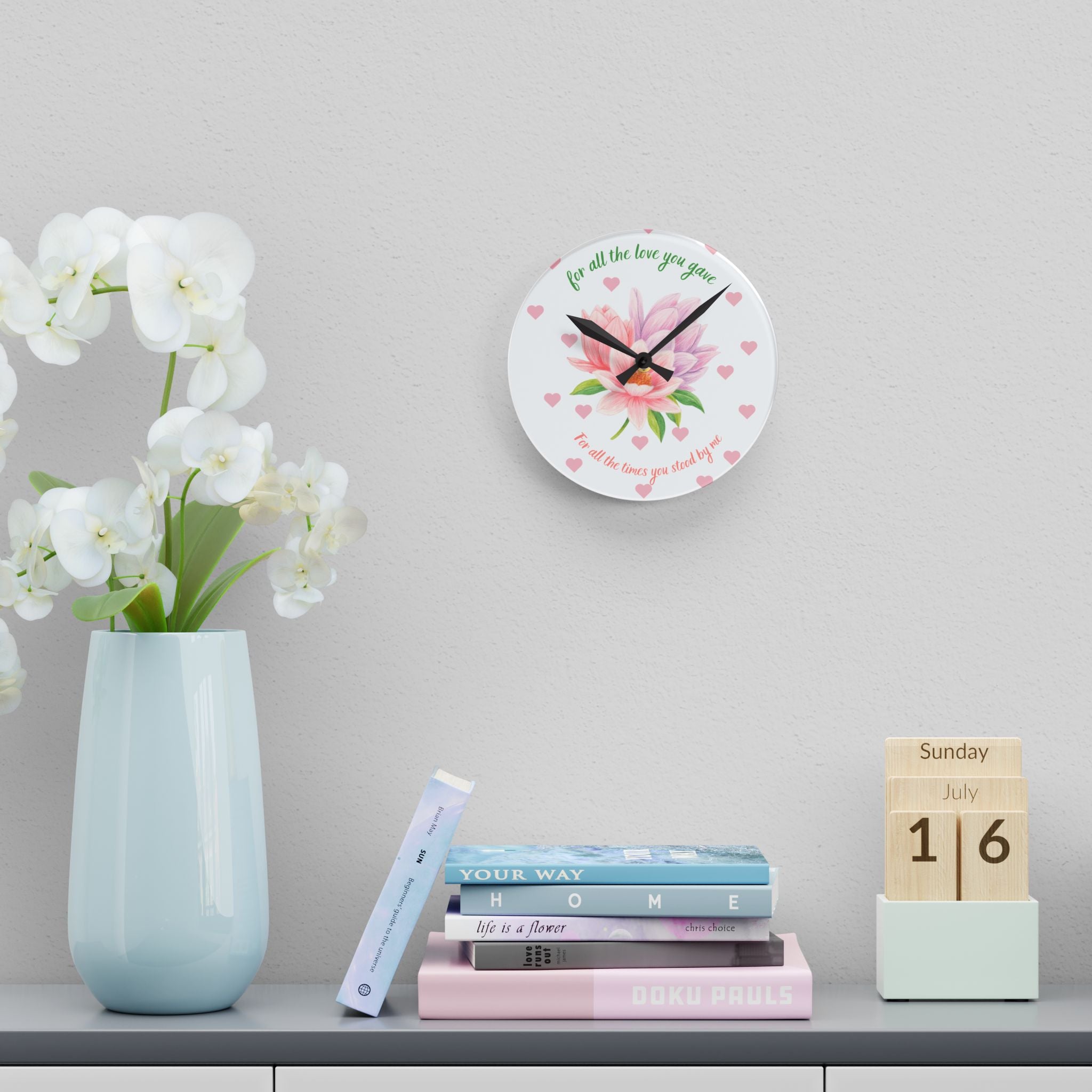 Acrylic Wall Clock — 'For All the Love You Gave' Floral Tribute Clock (Pink Magnolia, Heart Accent)