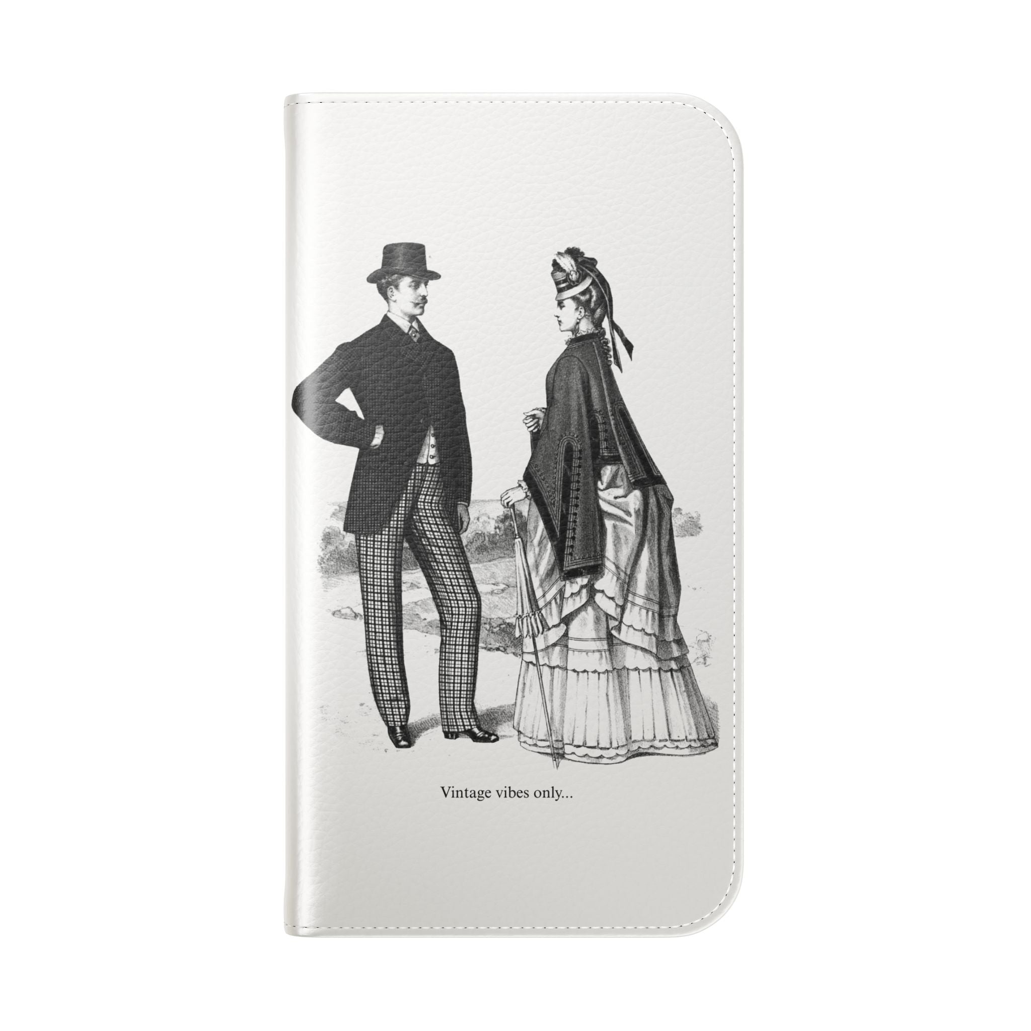 Vintage Victorian Couple Flip Phone Case - Retro Illustration Wallet Cover