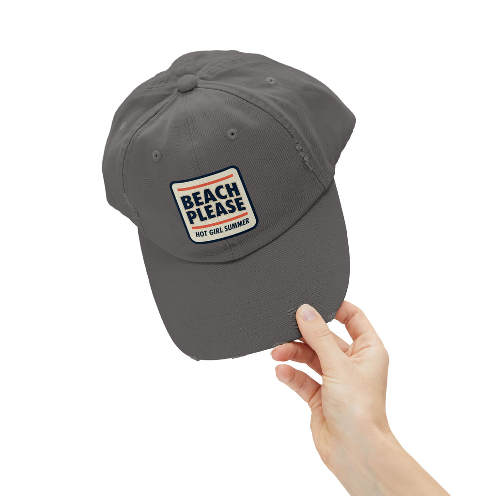 Beach Please Distressed Cap - "Hot Girl Summer" Retro Patch Baseball Hat