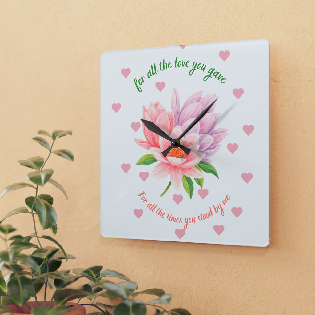Acrylic Wall Clock — 'For All the Love You Gave' Floral Tribute Clock (Pink Magnolia, Heart Accent)