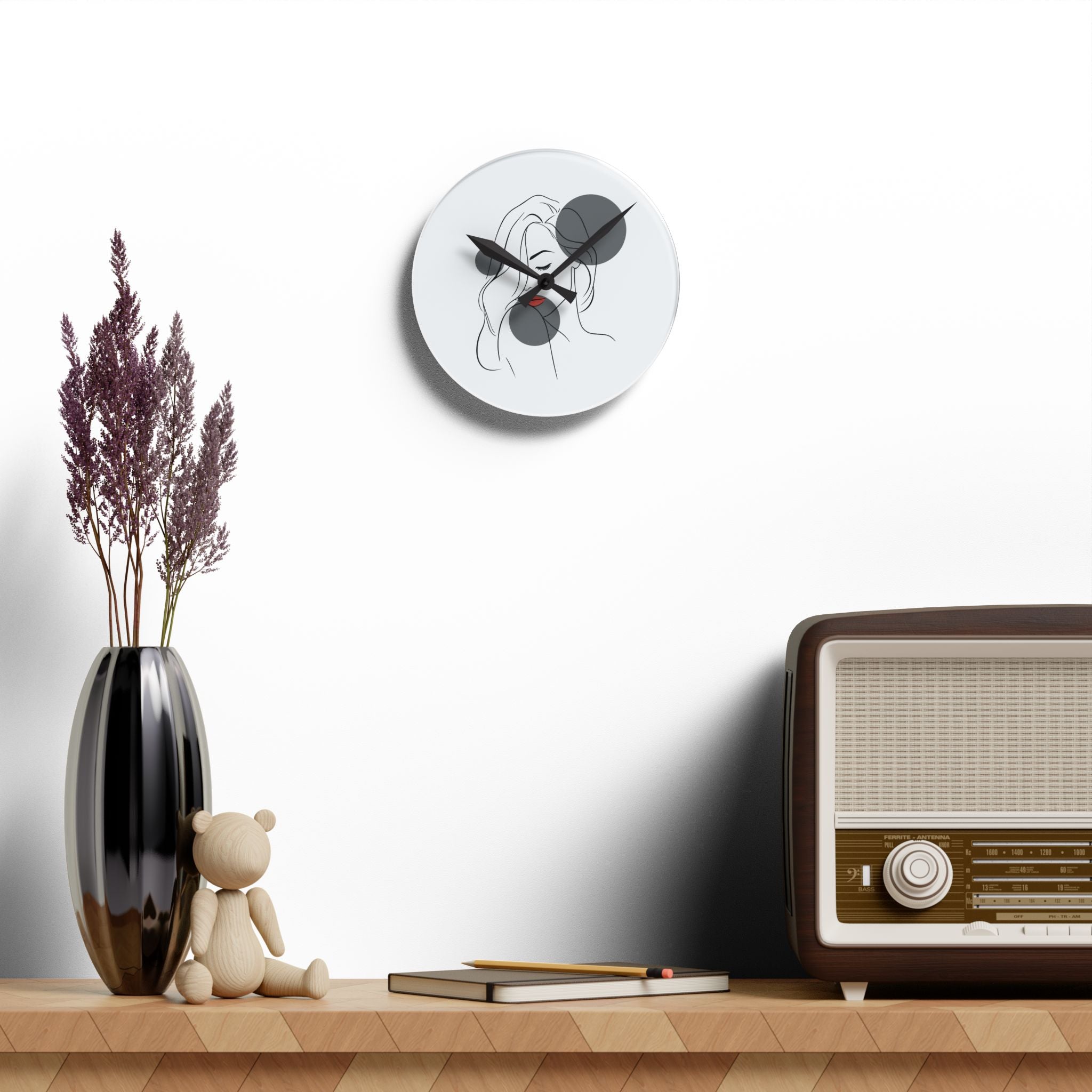Minimalist Line Art Face Acrylic Wall Clock — Modern Abstract Portrait Decor