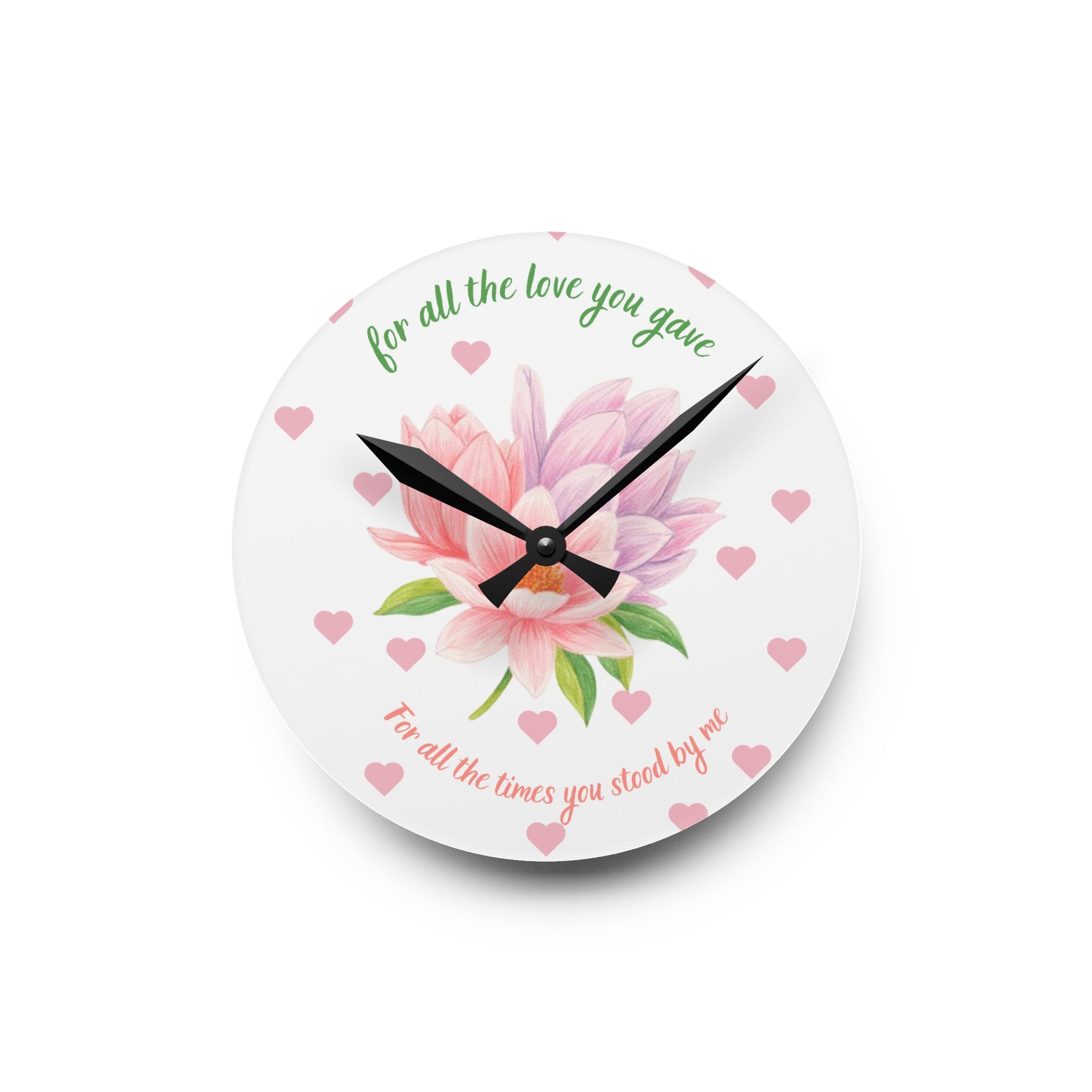Acrylic Wall Clock — 'For All the Love You Gave' Floral Tribute Clock (Pink Magnolia, Heart Accent)