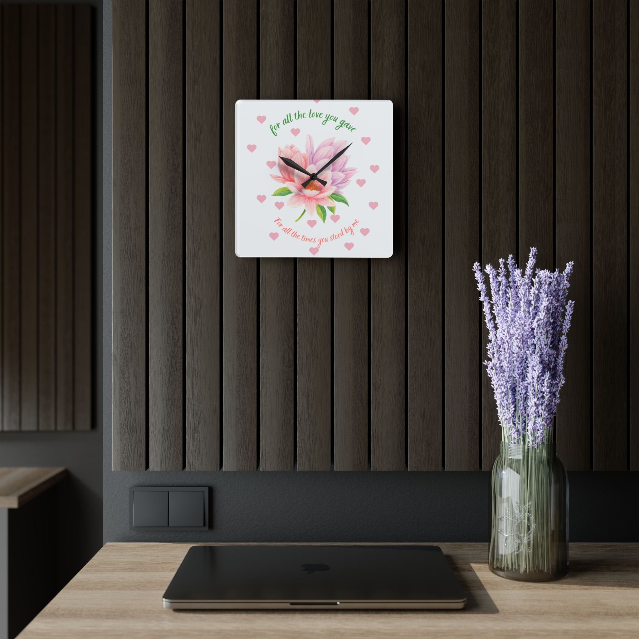 Acrylic Wall Clock — 'For All the Love You Gave' Floral Tribute Clock (Pink Magnolia, Heart Accent)