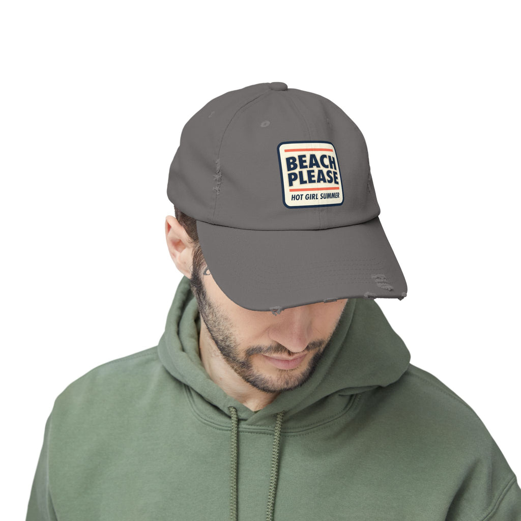 Beach Please Distressed Cap - "Hot Girl Summer" Retro Patch Baseball Hat