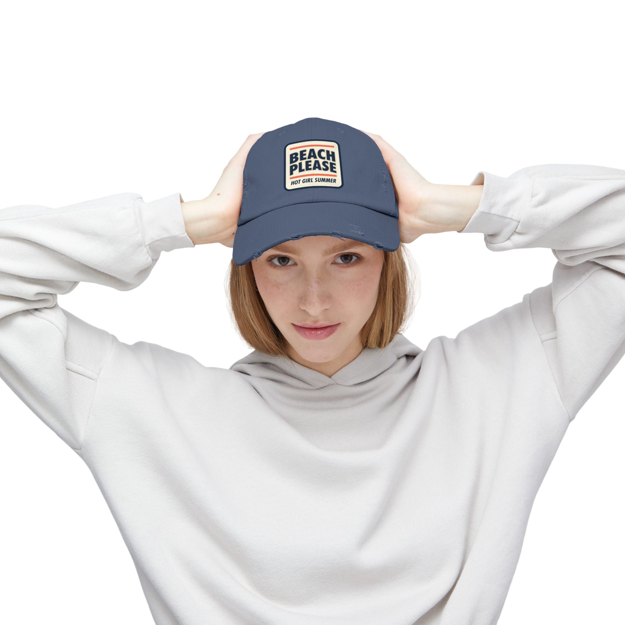 Beach Please Distressed Cap - "Hot Girl Summer" Retro Patch Baseball Hat