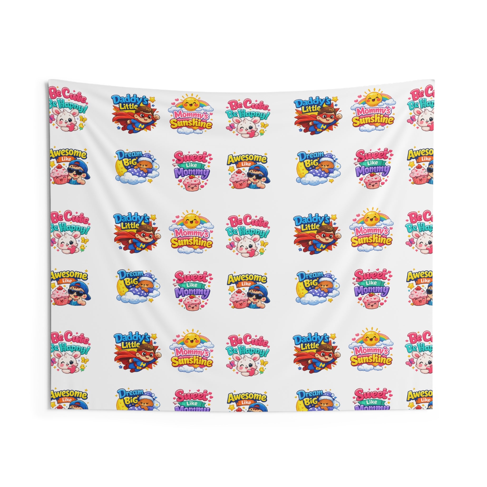 Cute Patterned Kids’ Wall Tapestry – Colorful Cartoon Logo Repeat for Nursery, Playroom, Bedroom Decor