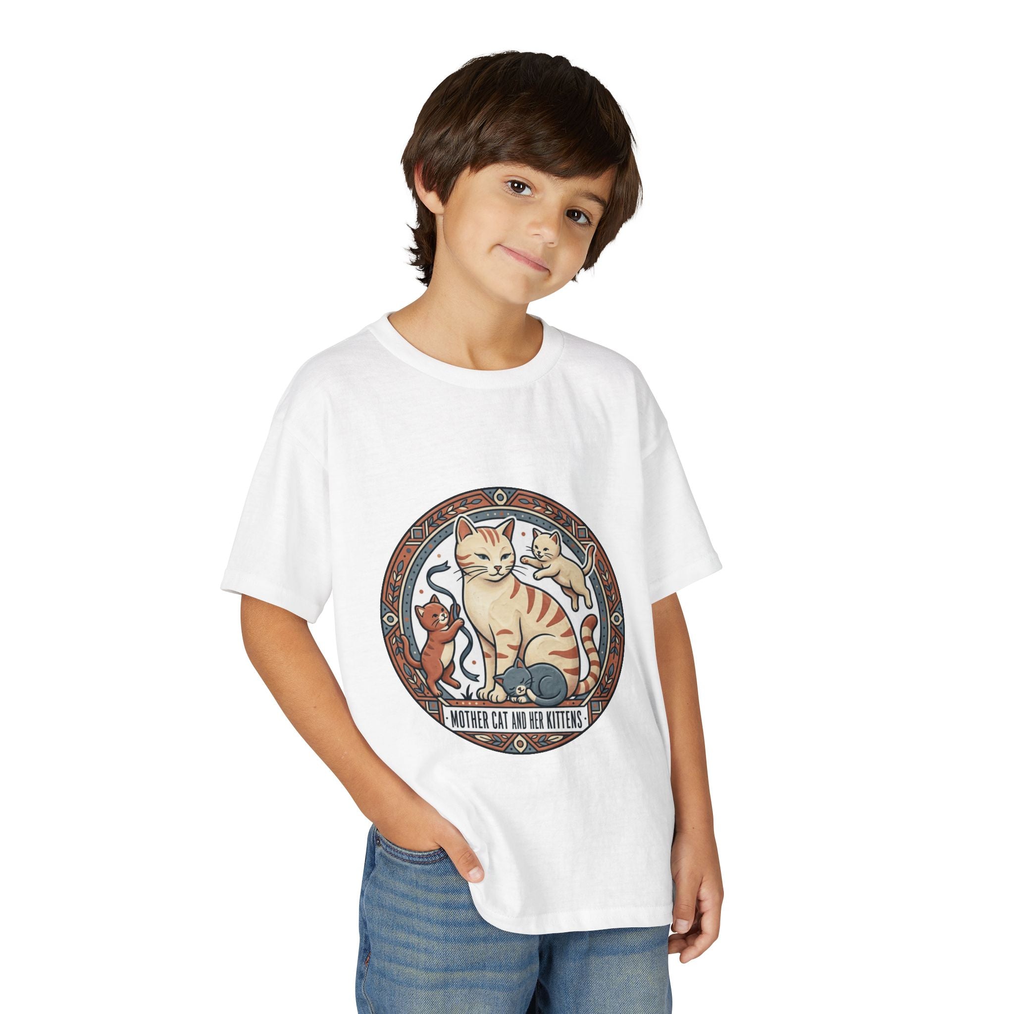 Kids' Cat Mom & Kittens Youth T-Shirt — Cute Mother Cat Illustration