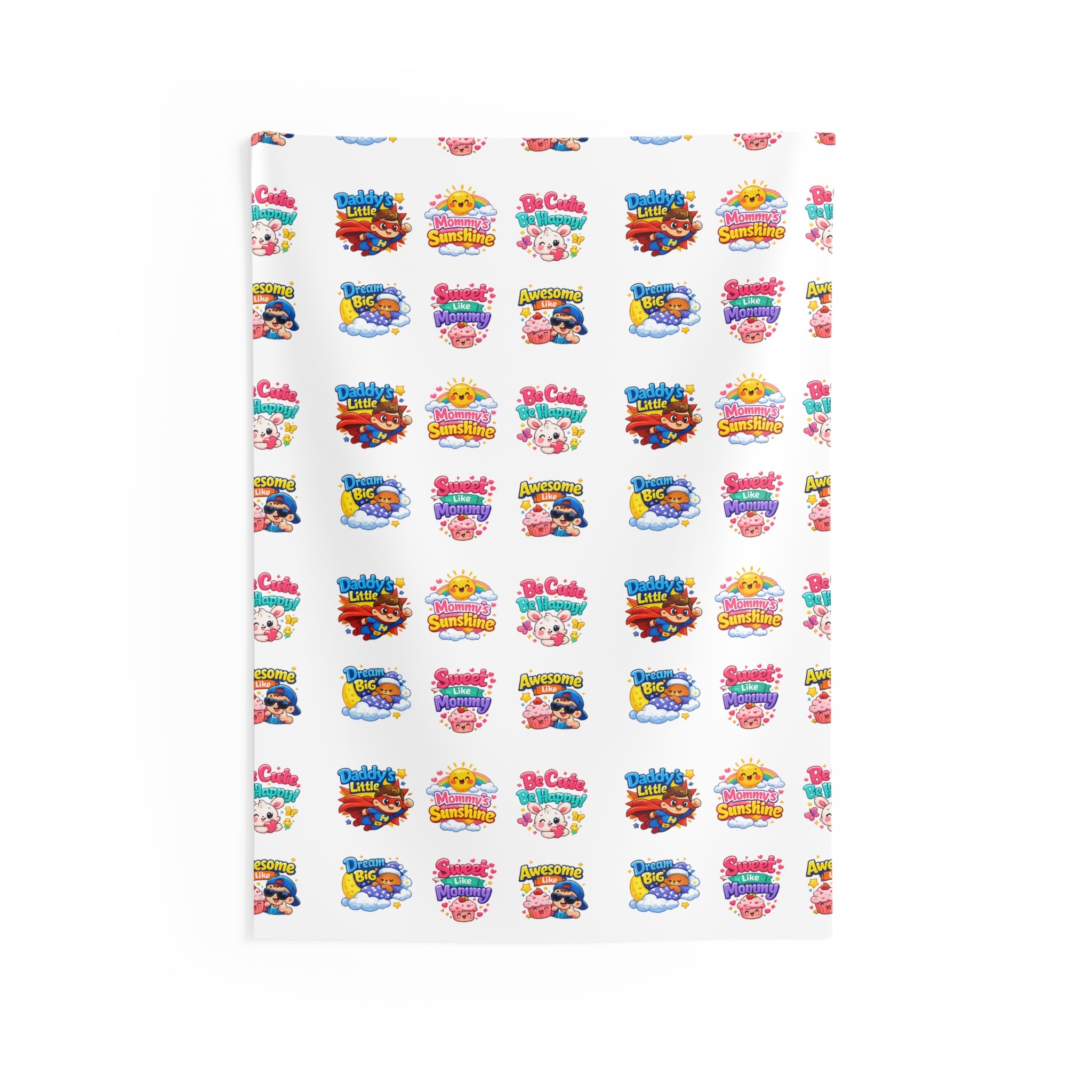Cute Patterned Kids’ Wall Tapestry – Colorful Cartoon Logo Repeat for Nursery, Playroom, Bedroom Decor