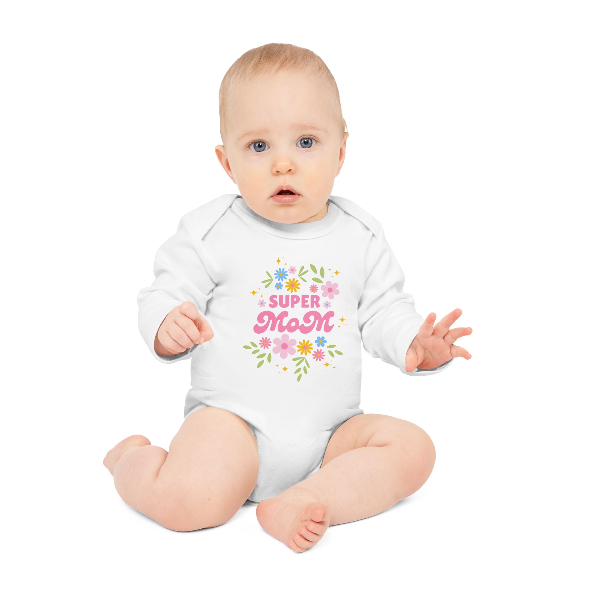Baby Bodysuit — "Super Mom" Floral Long-Sleeve Organic Onesie (Mother’s Day Gift)