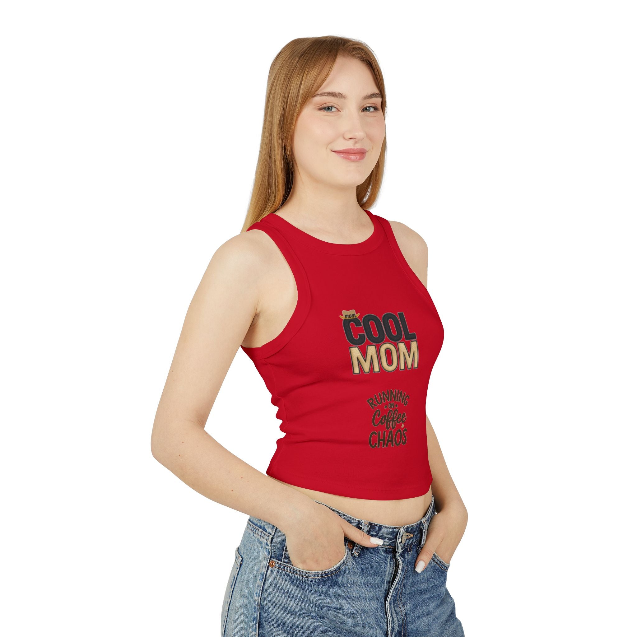 Cool Mom Racer Tank Top – "Running On Coffee & Chaos" Graphic