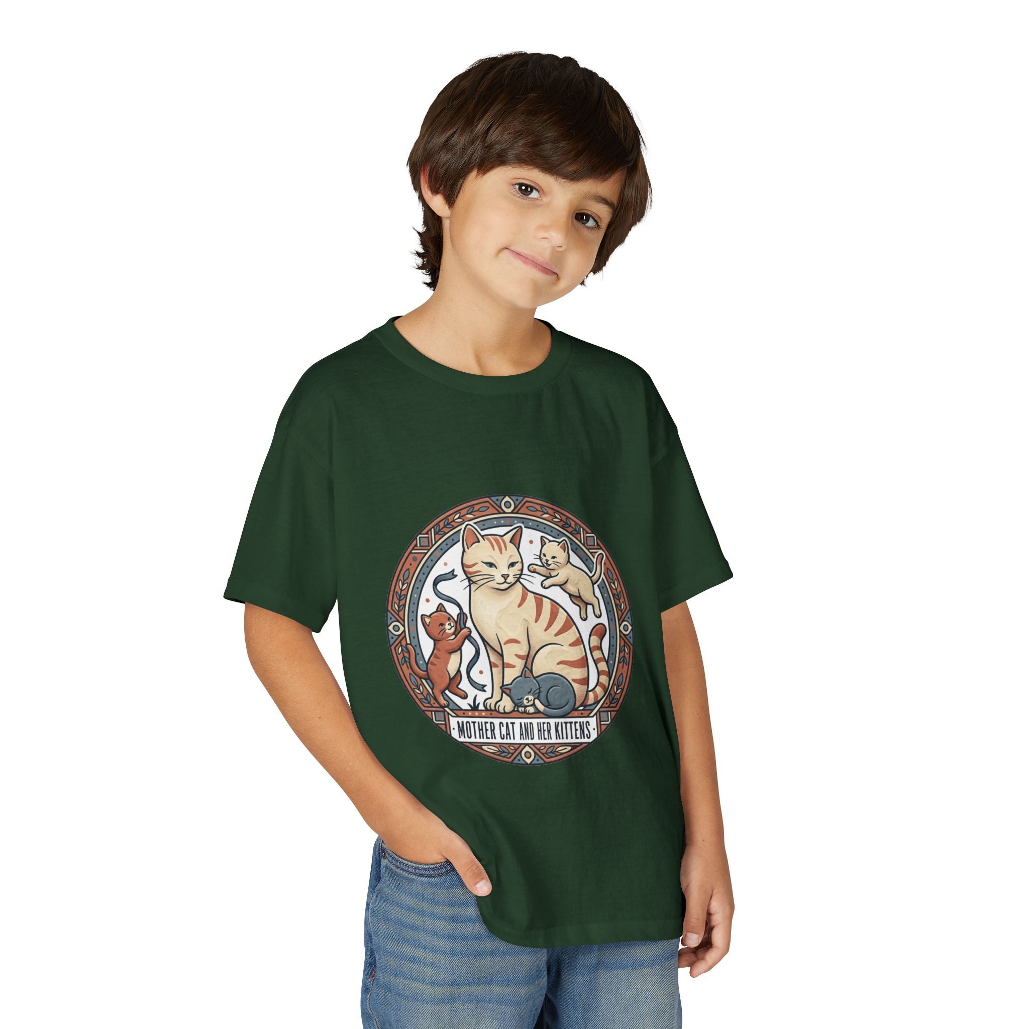 Kids' Cat Mom & Kittens Youth T-Shirt — Cute Mother Cat Illustration
