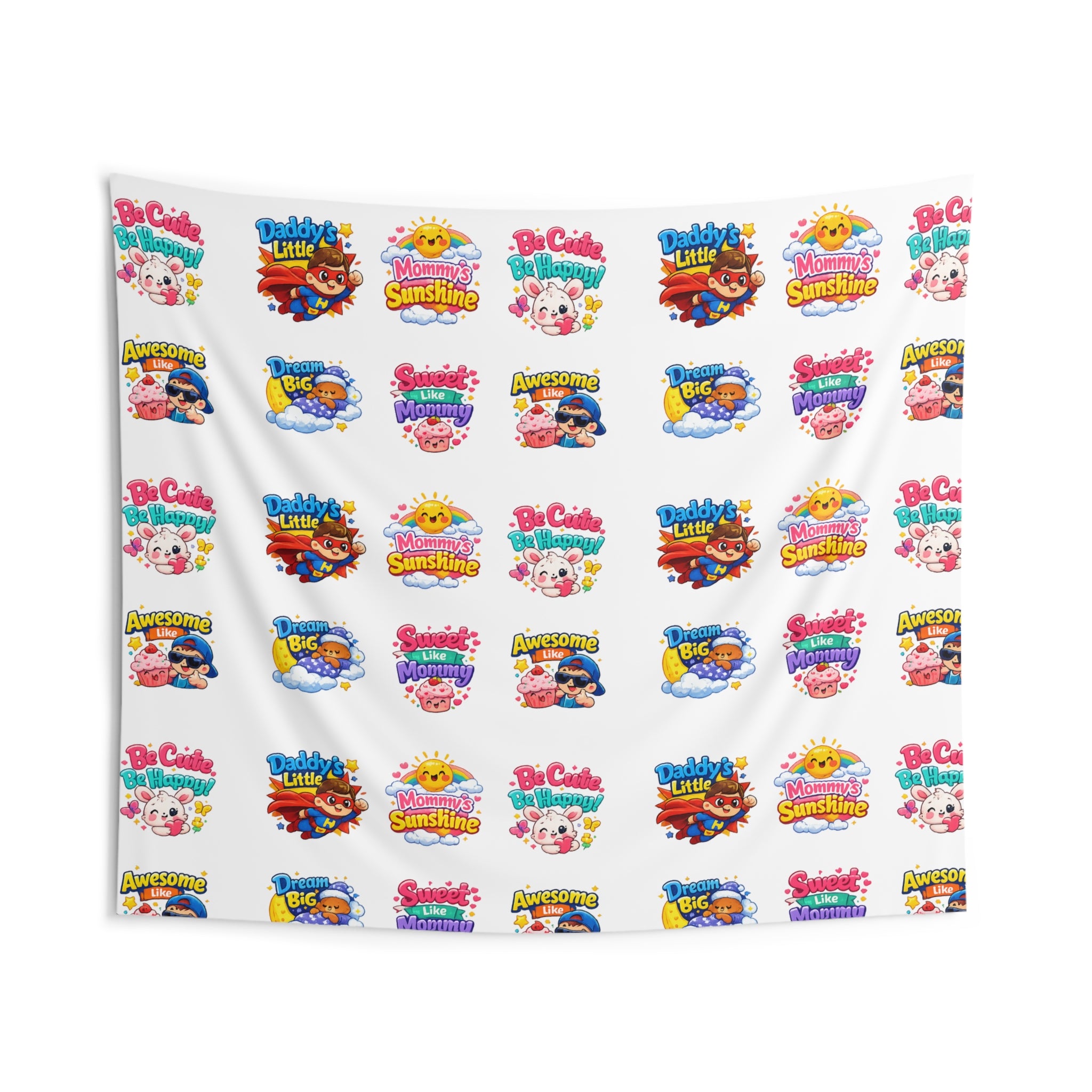 Cute Patterned Kids’ Wall Tapestry – Colorful Cartoon Logo Repeat for Nursery, Playroom, Bedroom Decor
