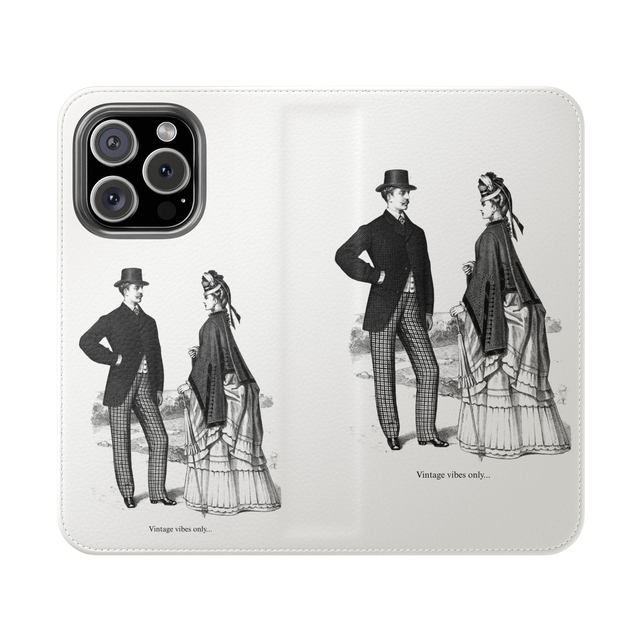 Vintage Victorian Couple Flip Phone Case - Retro Illustration Wallet Cover