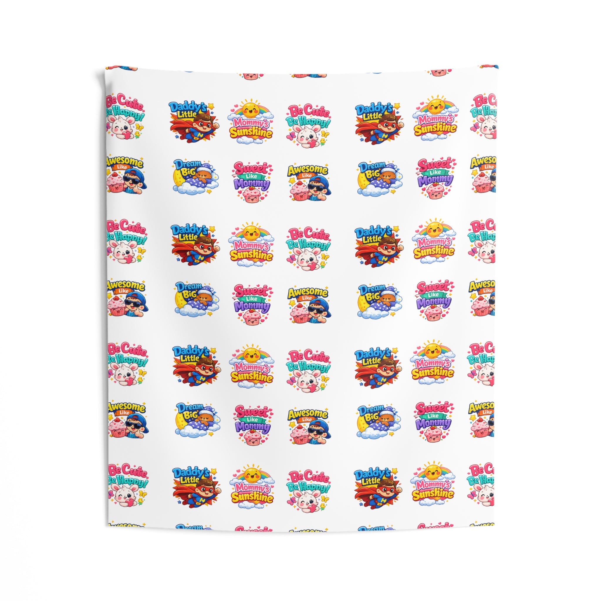 Cute Patterned Kids’ Wall Tapestry – Colorful Cartoon Logo Repeat for Nursery, Playroom, Bedroom Decor