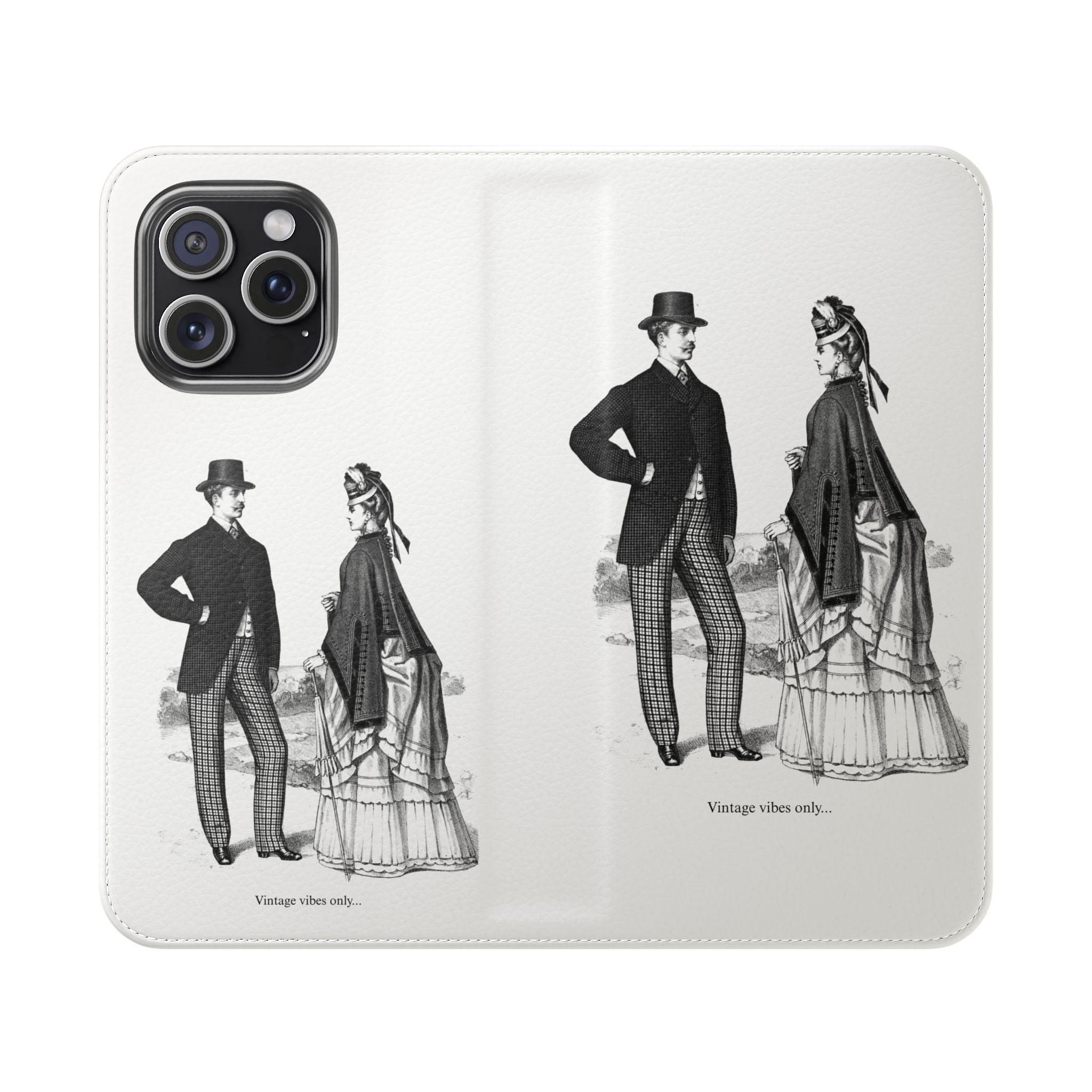 Vintage Victorian Couple Flip Phone Case - Retro Illustration Wallet Cover