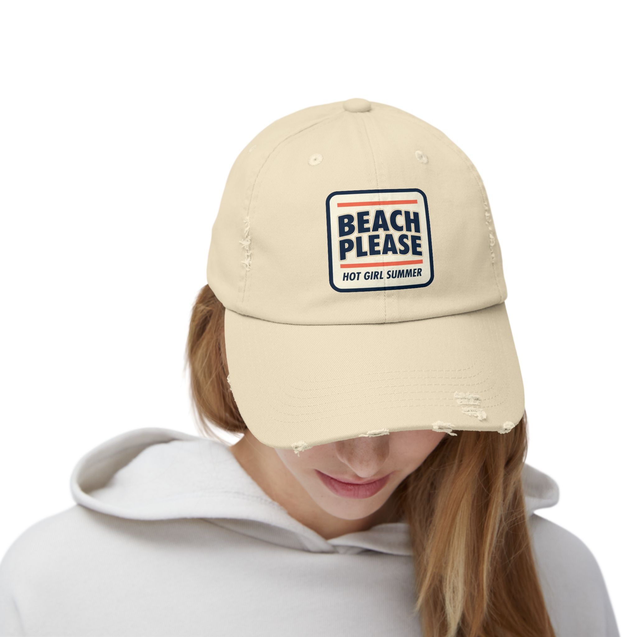 Beach Please Distressed Cap - "Hot Girl Summer" Retro Patch Baseball Hat