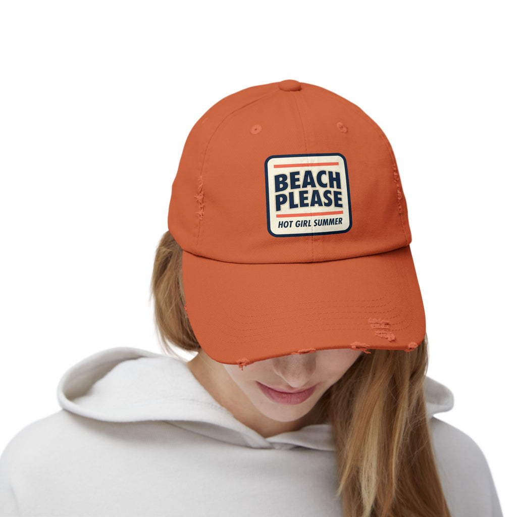 Beach Please Distressed Cap - "Hot Girl Summer" Retro Patch Baseball Hat