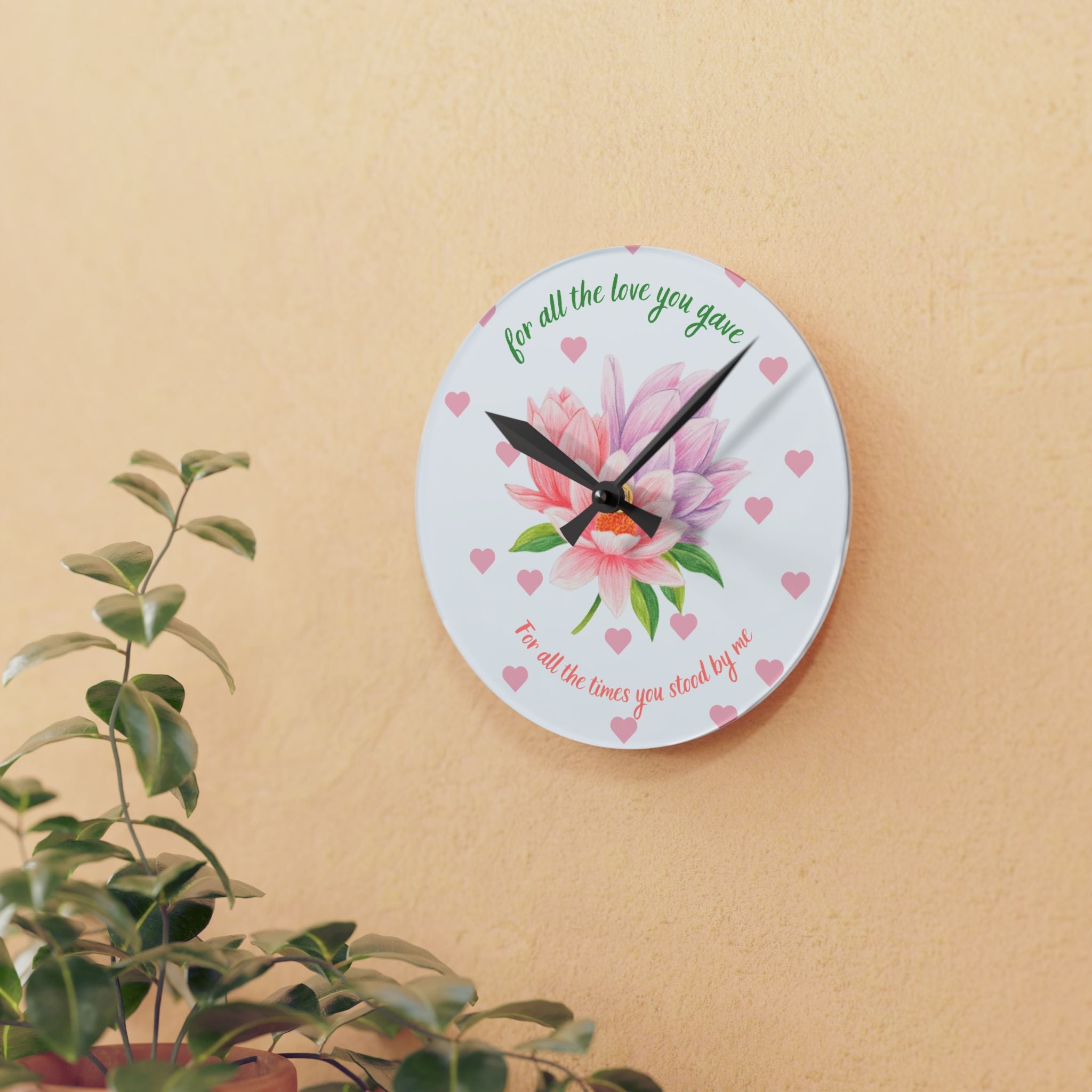 Acrylic Wall Clock — 'For All the Love You Gave' Floral Tribute Clock (Pink Magnolia, Heart Accent)