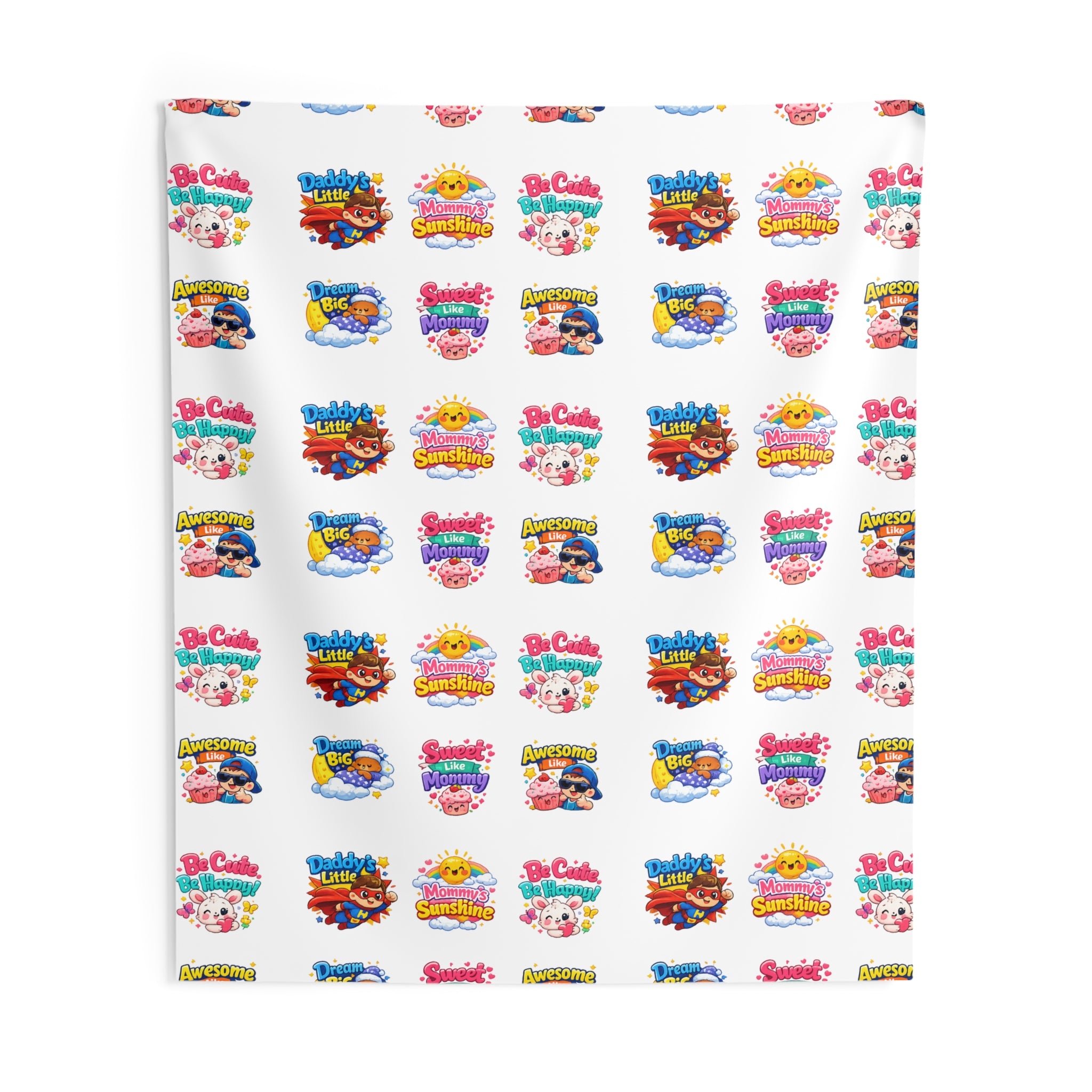 Cute Patterned Kids’ Wall Tapestry – Colorful Cartoon Logo Repeat for Nursery, Playroom, Bedroom Decor
