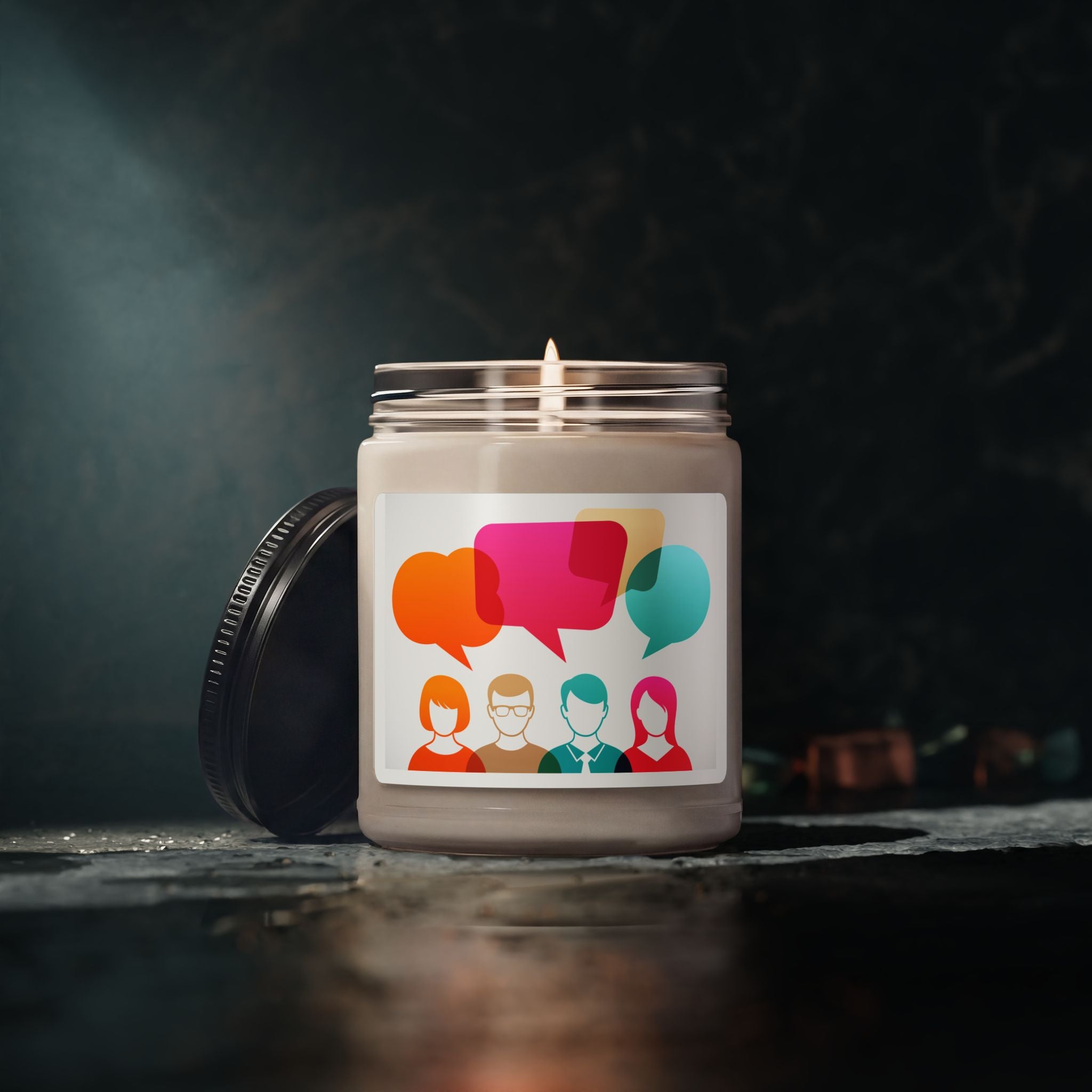 9oz Soy Candle — Conversation & Community Scented Jar (Colorful Speech Bubble Design)