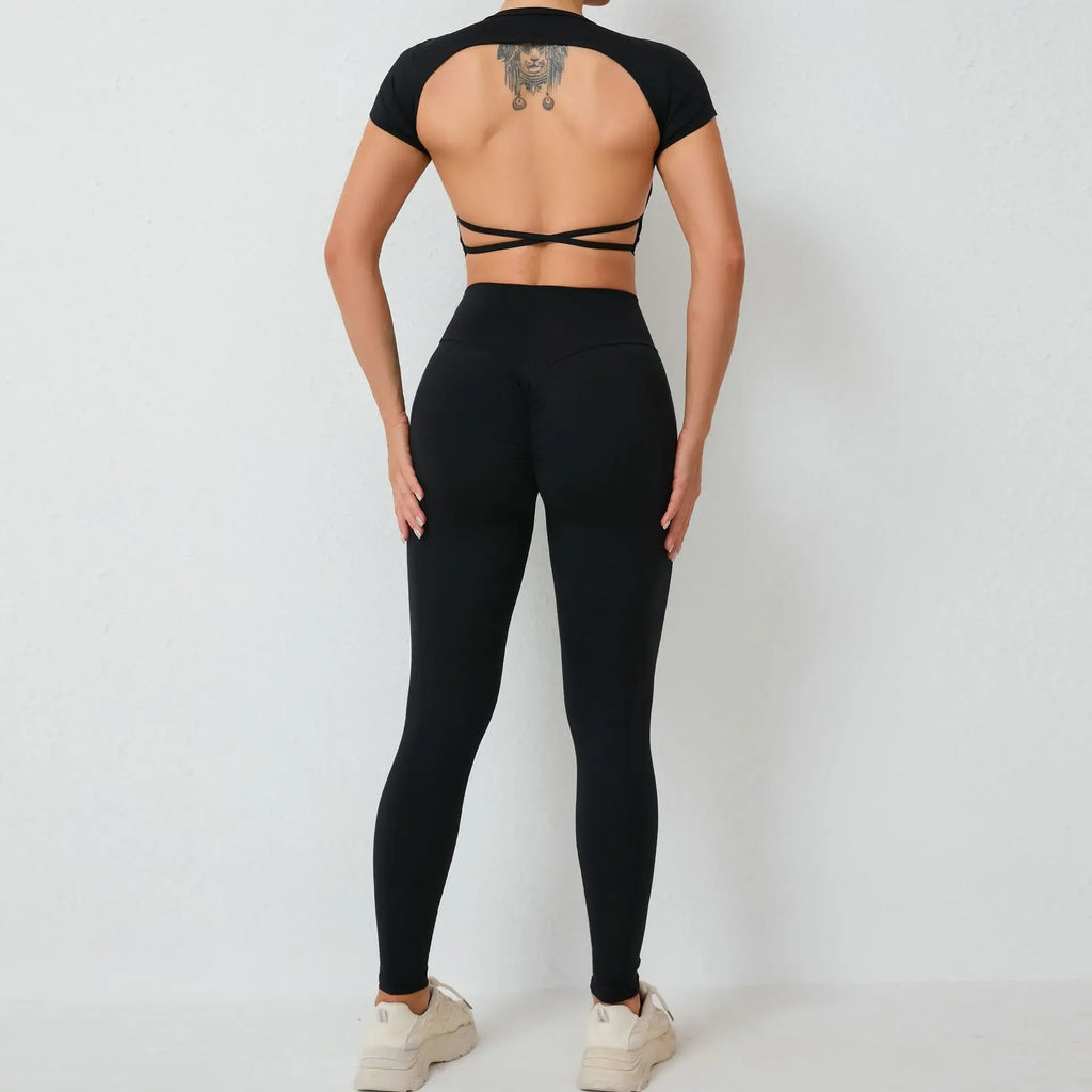 Cross Backless Sporty Set Women 2 Piece Sportswear Short Sleeve Training Suit for Fitness Yoga Wear Female Gym Workout Clothes