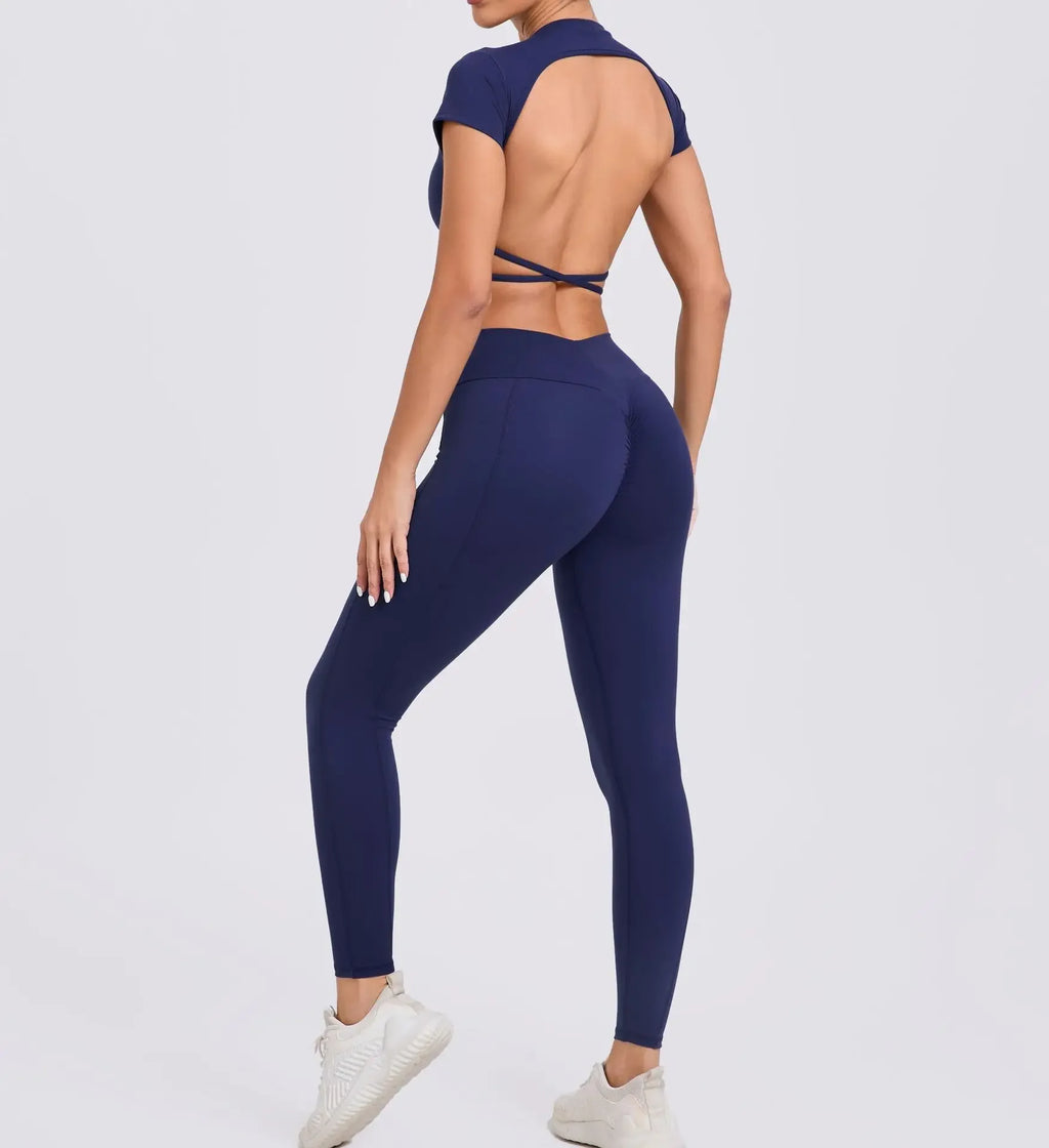 Cross Backless Sporty Set Women 2 Piece Sportswear Short Sleeve Training Suit for Fitness Yoga Wear Female Gym Workout Clothes
