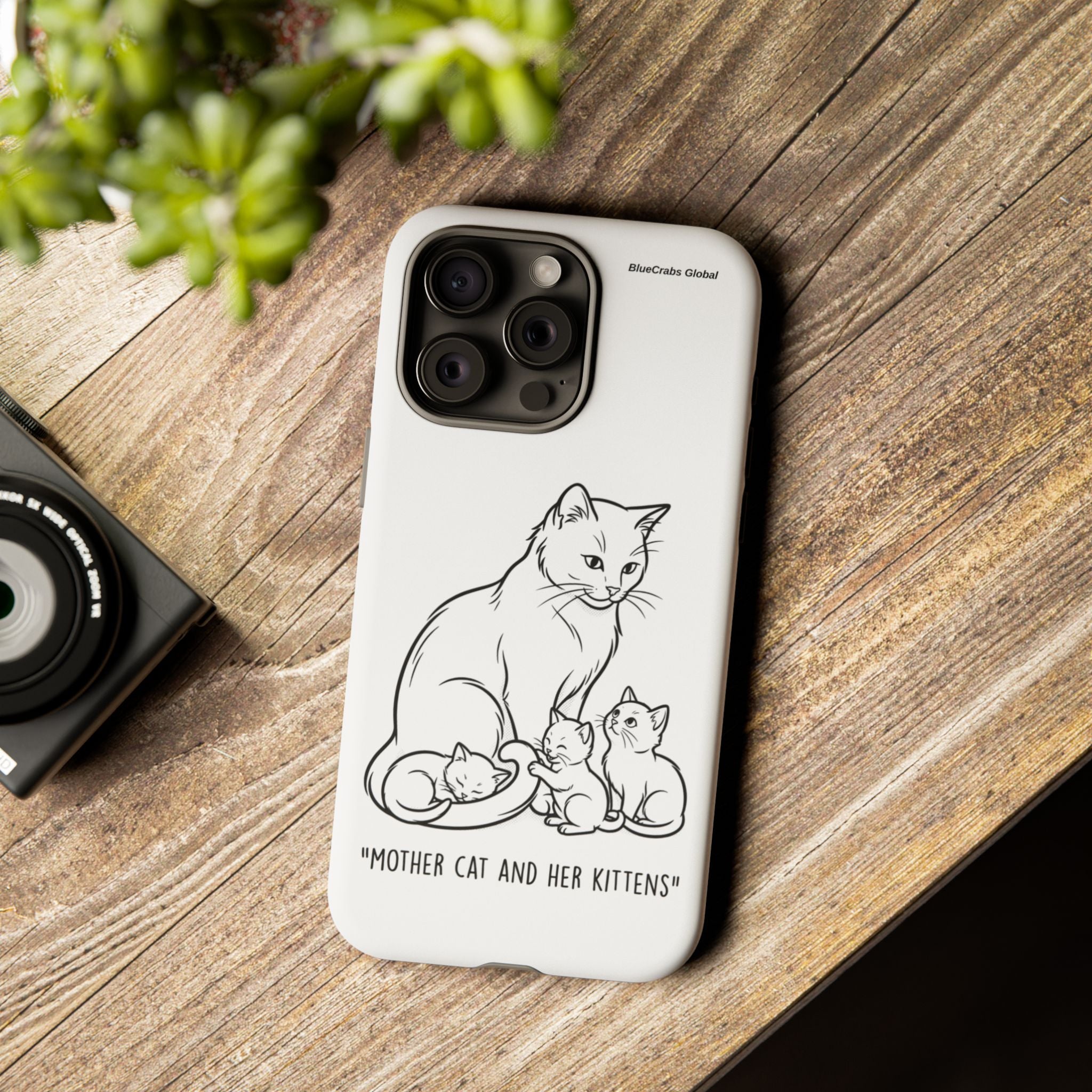 Mother Cat and Her Kittens Phone Case — Cute Minimalist Cat Illustration